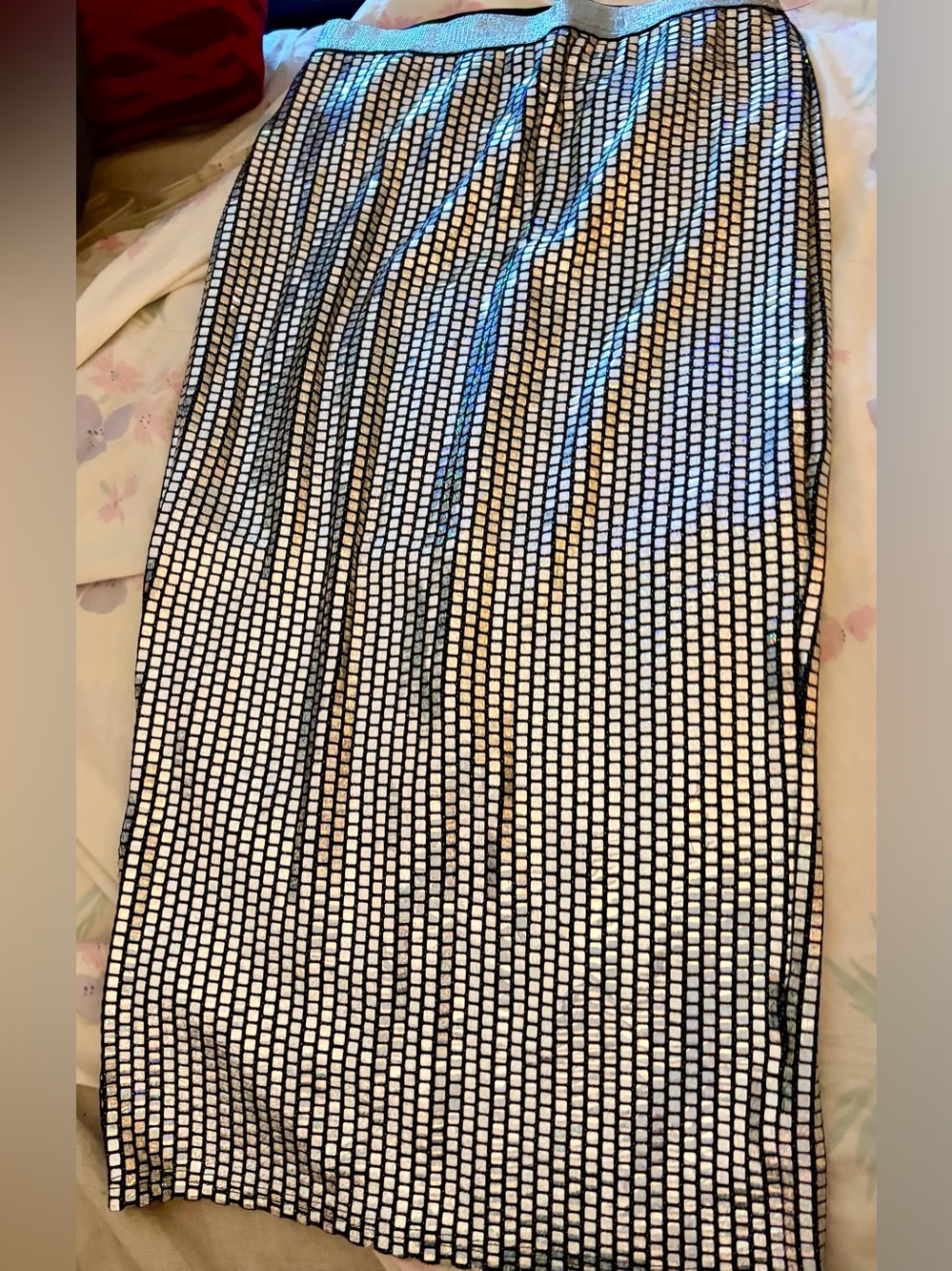 SHEIN Silver Metallic Iridescent Textured Grid Pencil Skirt